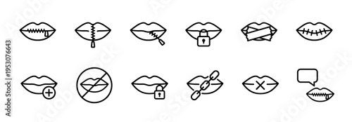 Collection of black line art lips icons depicting various forms of silence, censorship, and restricted speech, presented in a clean, modern, minimalist style