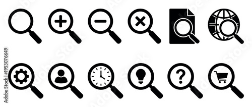 Ten black magnifying glass icons with diverse symbols represent various search, zoom, and function concepts in a clean graphic style