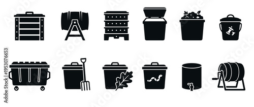 Collection of various black silhouette compost bins and containers, including barrels, buckets, and a large dumpster, depicted in a clean graphic style