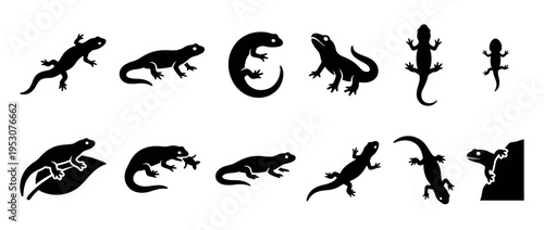 Black silhouette lizard and gecko icons in a comprehensive collection, showcasing various crawling and standing poses with a clean, minimalist graphic style