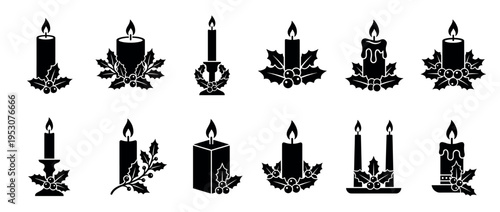 Black silhouette Christmas candle icons with holly leaves and berries, featuring various candle shapes and decorative holders in a graphic, festive style