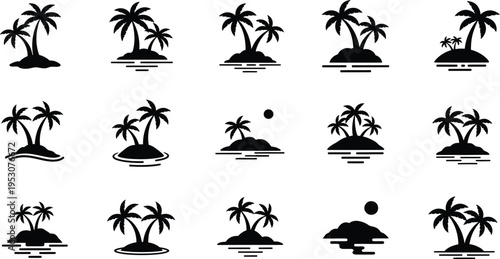 Collection of tropical island silhouettes isolated on transparent background