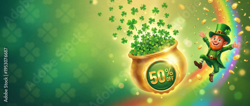 St. Patrick's Day banner with dancing leprechaun and pot of gold spilling clovers. St. Patrick's Day celebration features festive green colors and cheerful leprechaun enjoying luck and joy.