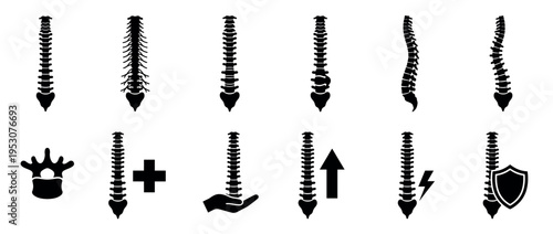 Black silhouette human spine anatomy icons illustrating various conditions, care, and health concepts in a clean, minimalist style