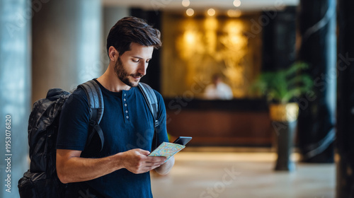 Young man traveler checking city map on smartphone in hotel lobby