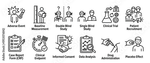 Comprehensive set of clinical trial research line icons, depicting key concepts like adverse events, data analysis, informed consent, and drug administration in a modern outline style