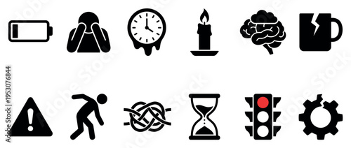 Twelve black and white stress-related icons depict concepts of low energy, mental strain, time pressure, and various obstacles in a clean graphic style