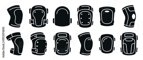Various black silhouette knee and elbow pads icons are displayed in a graphic, flat style, showcasing different designs and perspectives