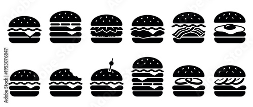 Twelve black silhouette hamburger and cheeseburger icons showcasing different ingredient combinations and styles, presented in a clean, minimalist graphic design