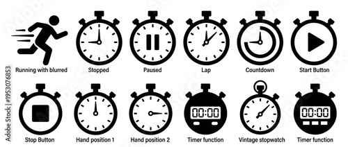 Various black and white stopwatch and running icons are displayed, illustrating different timekeeping functions, states, and actions in a clean, graphic style