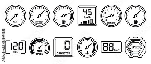 Various black and white line art vehicle gauges and indicators, including speedometers, tachometers, fuel, temperature, and odometer displays, presented in a clean, minimalist, and iconic style