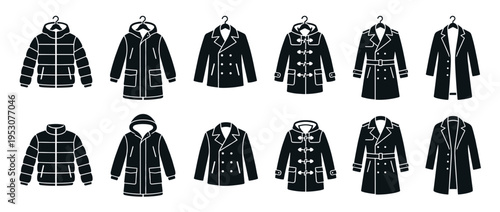 Twelve black silhouette icons of various winter coats and jackets, showcasing different styles like puffer, parka, trench, and duffle, presented in a clean graphic illustration