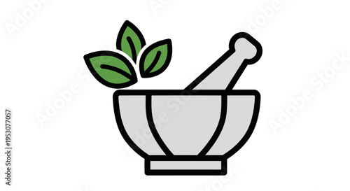 Mortar and Pestle with Green Leaves.