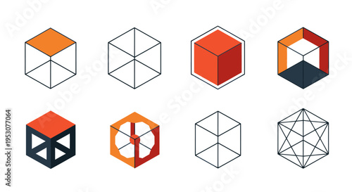 Geometric shapes and 3D cubes.