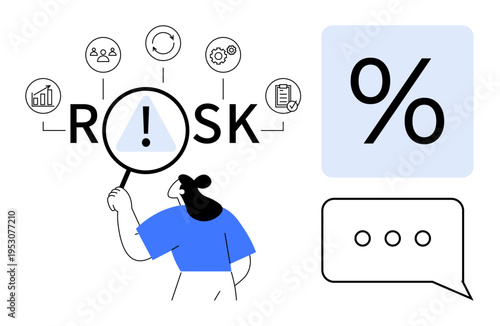 Financial planning, business strategy, decision-making, risk assessment, data analysis, management systems. Woman examining the word risk with icons. Risk assessment and financial planning concept