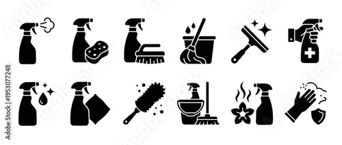 Black silhouette cleaning icons collection featuring various household tools and hygiene products in a modern, minimalist graphic style
