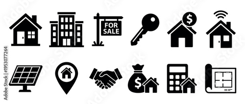 Black silhouette real estate and property housing icons collection featuring various symbols for buying, selling, and managing homes, finance, and smart technology in a flat graphic style