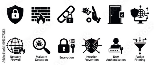 Comprehensive collection of black and white cybersecurity icons illustrating various aspects of digital protection, network defense, and data security in a clean, graphic style