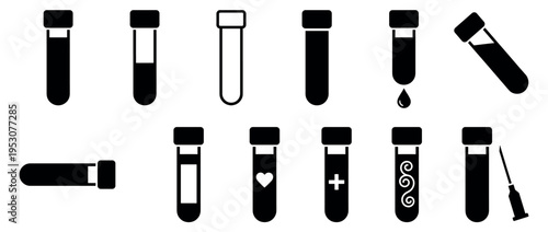 Collection of black silhouette medical test tubes and blood vials, featuring various states like full, empty, labeled, and with symbols, presented as a graphic icon set