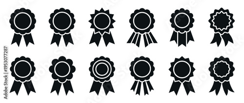 Twelve black silhouette award ribbons with various designs are presented in a clean, graphic, and iconic style, perfect for recognition and achievement concepts