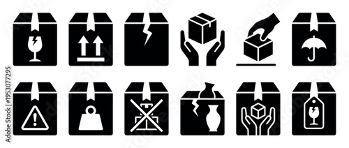 Ten black and white shipping packaging instruction icons are displayed in a grid, illustrating various handling symbols for fragile goods and careful delivery