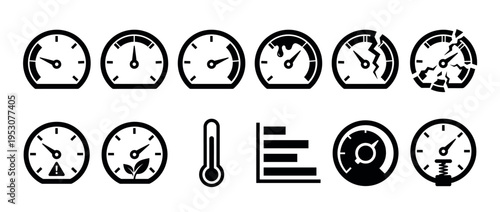 Collection of black and white gauge icons depicting various measurement levels, warnings, environmental concerns, and damage in a clean, graphic style