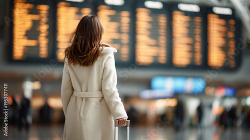 Woman holding suitcase while watching flight cancellation board at airport after global conflict escalation, blurred airport background