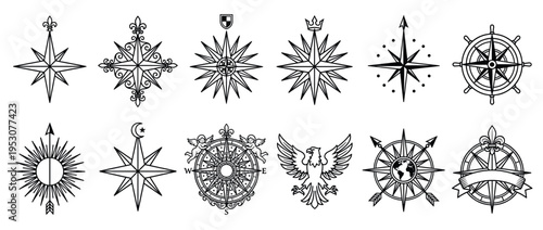 Various detailed compass rose designs are presented as black outline illustrations with vintage and heraldic decorative elements, showcasing navigation and exploration themes