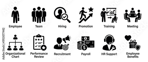 Comprehensive collection of black and white human resources icons illustrating various business management and employee-related concepts in a clean, professional glyph style