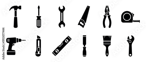 Black silhouette icons of various construction tools, including a hammer, screwdriver, saw, and drill, presented in a clean, minimalist graphic style