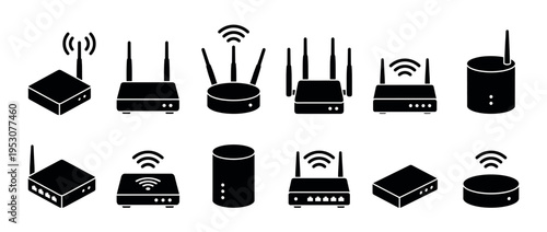 Twelve black silhouette Wi-Fi router icons and network devices are displayed in a clean, modern, flat design style, featuring various shapes and antenna configurations