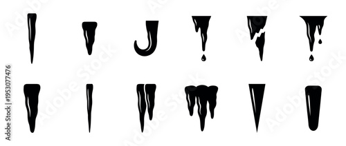 Various black silhouette icicle icons in a graphic style, depicting different shapes, some melting with water drops, and one broken