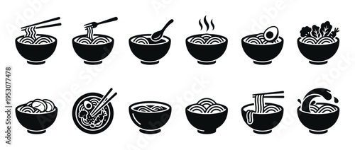 Twelve black graphic noodle bowls icons set, illustrating different styles with chopsticks, forks, spoons, steam, eggs, vegetables, and splashing liquid, in a minimalist vector art