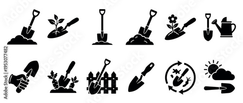 Comprehensive collection of black silhouette gardening icons depicting various tools and planting activities, presented in a clean, graphic, illustrative style