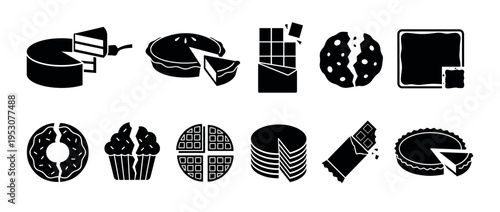 Various black silhouette dessert icons depicting sweet treats like cakes, pies, chocolate, cookies, donuts, cupcakes, and waffles in a clean graphic vector style