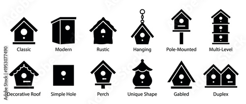 Various black silhouette birdhouse icons illustrating different styles and features like rustic, modern, hanging, and multi-level designs, presented as a clean graphic collection