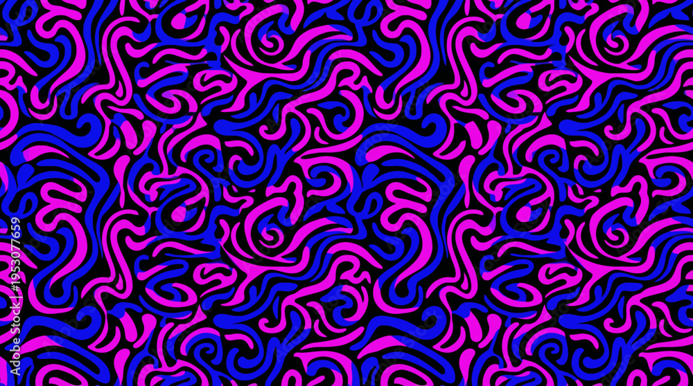 Fototapeta premium Vibrant pink and blue psychedelic swirl abstract background pattern for design.