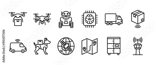 Collection of black outline icons depicting modern logistics, delivery, and artificial intelligence concepts, presented in a clean, minimalist style