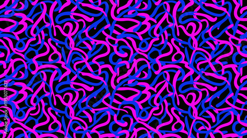Abstract neon pink and blue tangled loops pattern in vibrant chaos.