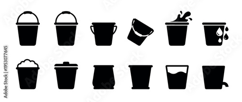 Collection of various black silhouette bucket icons, depicting different types of pails, some with handles, some full of liquid, foam, or spilling, in a clean graphic style