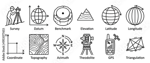 Comprehensive collection of black line art surveying and mapping icons illustrating various geodetic concepts and instruments in a clear, minimalist style