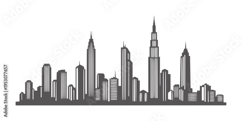 Dark grey silhouette of a modern city skyline with varied skyscrapers buildings