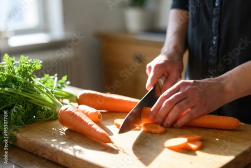Hands chopping fresh carrots on wooden board in kitchen. Suitable for cooking classes and healthy meal prep industries.
