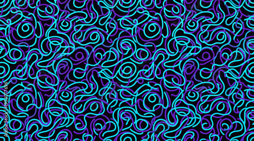 Abstract neon swirl pattern with blue and purple tendrils for decorative background.