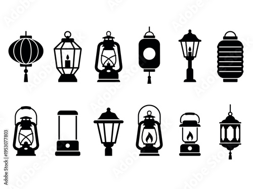 Twelve diverse black silhouette lantern icons are presented in a clean, graphic, and illustrative style, showcasing various designs from traditional to modern