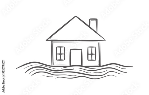 Hand drawn house submerged in wavy water flood home wave