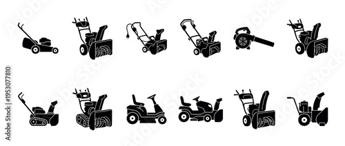 Various black silhouette icons of outdoor power equipment including lawn mowers, snow blowers, and a leaf blower, depicted in a clean, flat, and modern graphic style