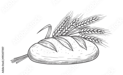 Hand drawn loaf of bread with wheat stalks grain food baking