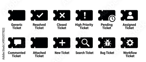 Twelve black and white ticket icons with various symbols and descriptive text labels are neatly arranged in a grid, illustrating different statuses and actions in a clean, flat design