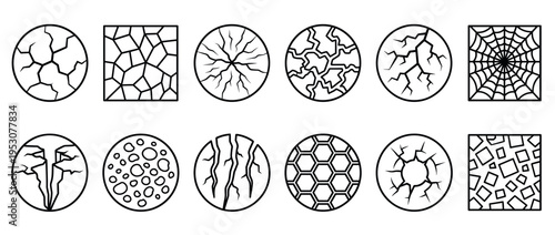Various black outline texture pattern icons featuring cracks, spiderweb, honeycomb, and bubble designs in a clean, minimalist style